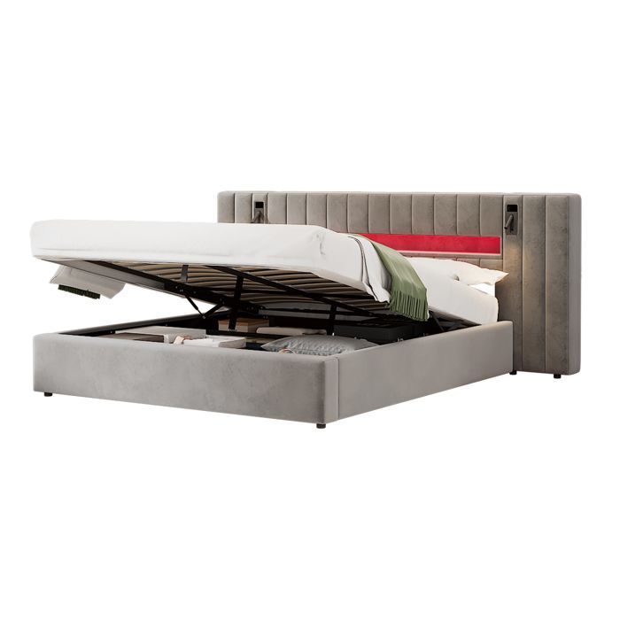 Cama con almacenamiento tapizada EVRYAE de 180x200 cm en terciopelo gris, diseño elegante y funcional.