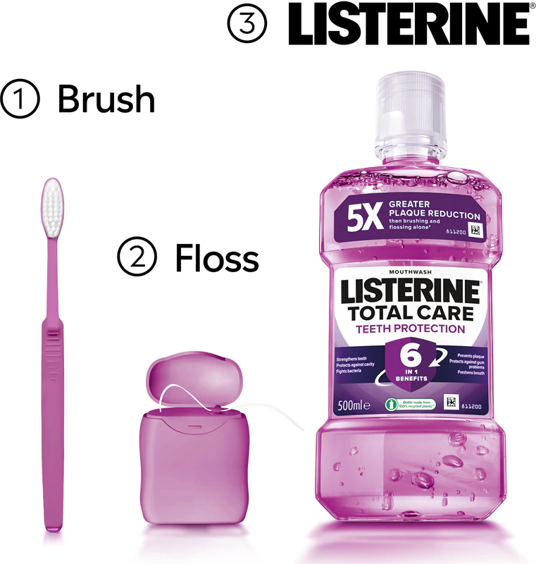 Enxaguante bucal Listerine Total Care Teeth Protection 6 em 1 para proteção dental completa.