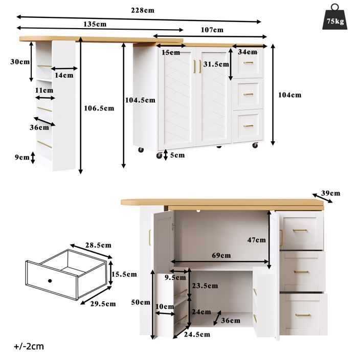 Buffet Cuisine,Îlot de Cuisine Extensible 135-228×39×104 cm,Avec 2 Portes 3 Tiroirs,Plateau Finition Bois, Roulant,Blanc