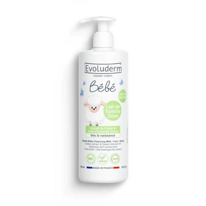 EVOLUDERM - Lait de Toilette Doux Visage & Corps Bébé - 500ml - 98% d'Ingrédients d'Origine Naturelle