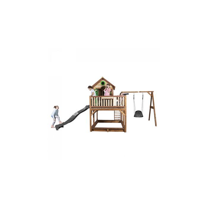 AXI Liam Maison Enfant avec Bac à Sable, Balançoire nid d'oiseau noir & Toboggan Gris | Aire de Jeux pour l'extérieur en marron