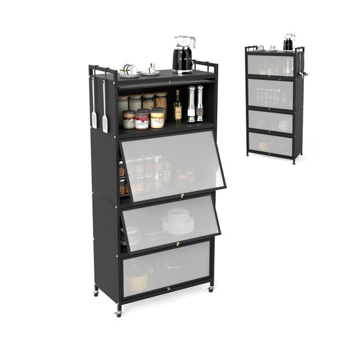 Buffet de Cuisine à 5 Niveaux COSTWAY sur Roulettes, Portes Relevables, Patins Remplaçables, pour Salle à Manger Salon Bureau, Noir