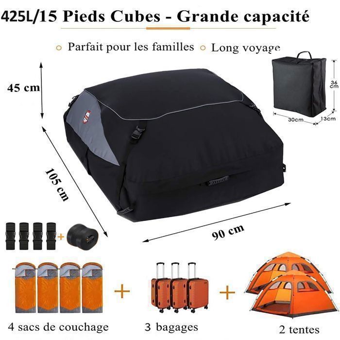 Bolsa de techo para coche TOOLUCK - 425L - Caja de techo plegable - Tejido Oxford 900D y PVC - Apta con o sin portaequipajes