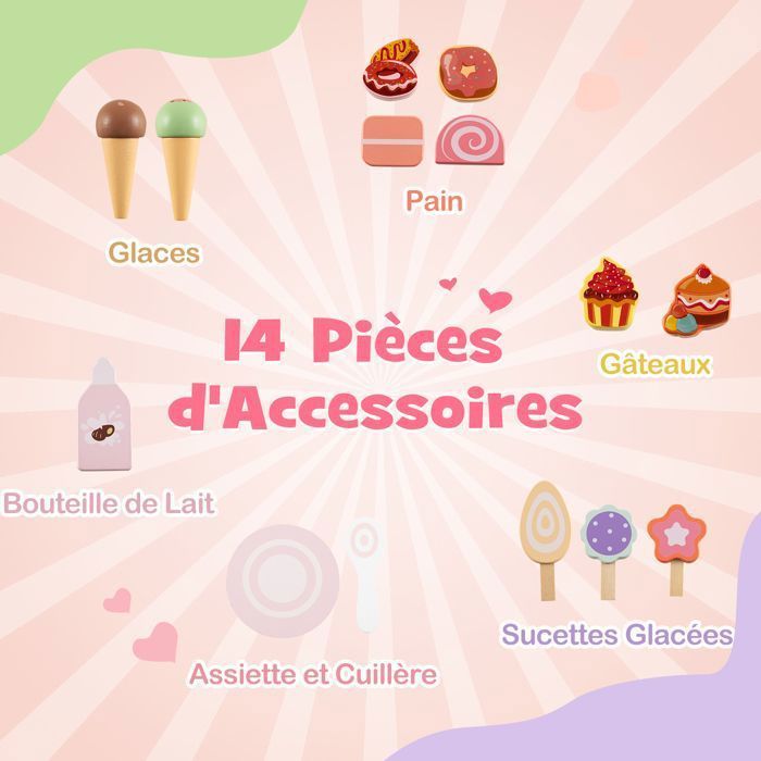 Andador de madera DREAMADE para niños de 1 año en adelante, carrito de helados multifuncional con accesorios para dulces y ruedas suaves, rosa.