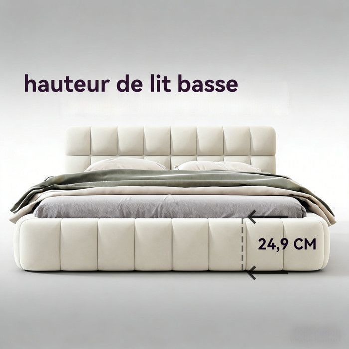Cama para adultos de 140x190 cm en lino beige, diseño acolchado tipo burbuja, estructura baja, armazón independiente, diseño de colchón integrado.