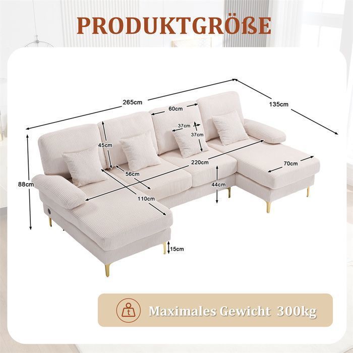 DRIPEX Moderne U-vormige bank voor 4/5 personen met LED-verlichting en USB-C-poort, inclusief 4 kussens, 265*135*88 cm, beige