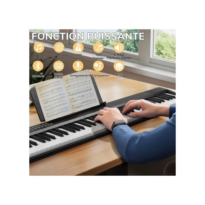Piano - LALAHO - Piano digital de 88 teclas, teclado plegable, con auriculares, soporte, MIDI y funciones Bluetooth.