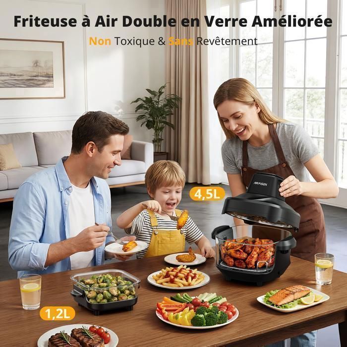 AIRMSEN 1500W Heißluftfritteuse mit Glaseinsatz, 5,7 l (4,5 l + 1,2 l) Fassungsvermögen, Sichtgaren, gesundes Kochen, 4 Programme, Pommes frites, Hähnchen, Schwarz