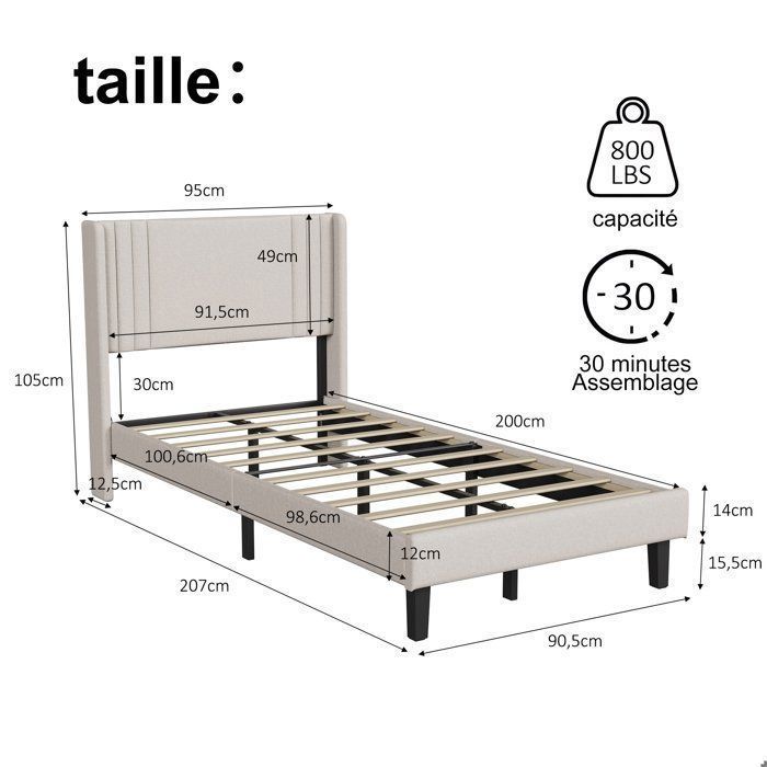 PERGAR Bed Frame - 90 x 200 cm - Single Bed with Slatted Base - Upholstered Headboard - Beige Linen - For Children, Teenagers, and Adults
