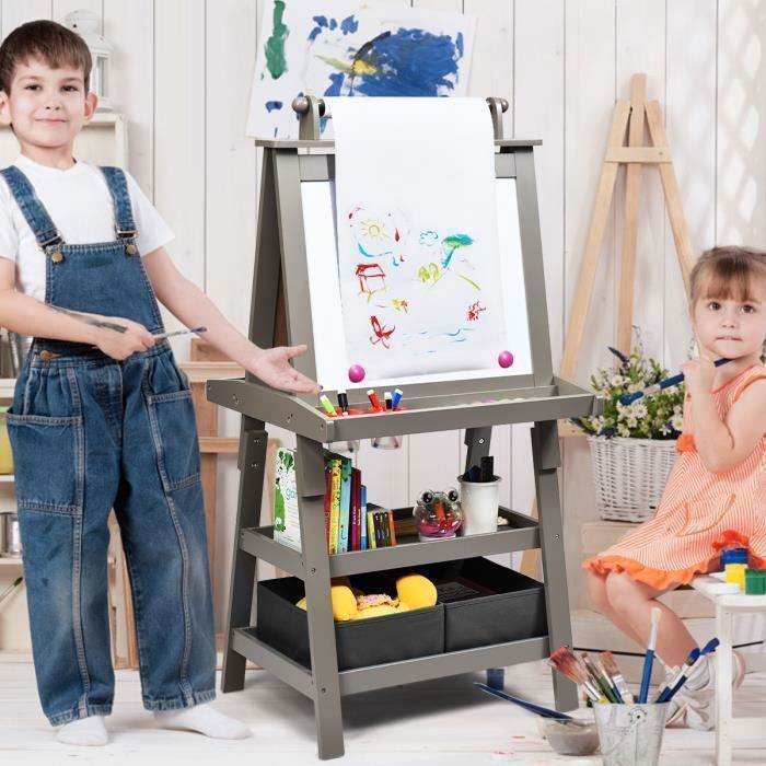 Tableau Enfant COSTWAY  Blanc Magnétique et Noir, Rouleau de Papier (Papier inclus), 3 Etagères et 2 Bac de Rangement Gris