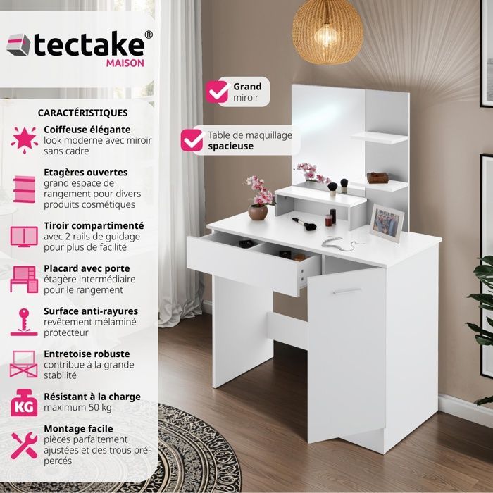 Coiffeuse - TECTAKE - Table de maquillage ZOE avec miroir, étagères et compartiments  90 x 40 x 137,5 cm - Blanc