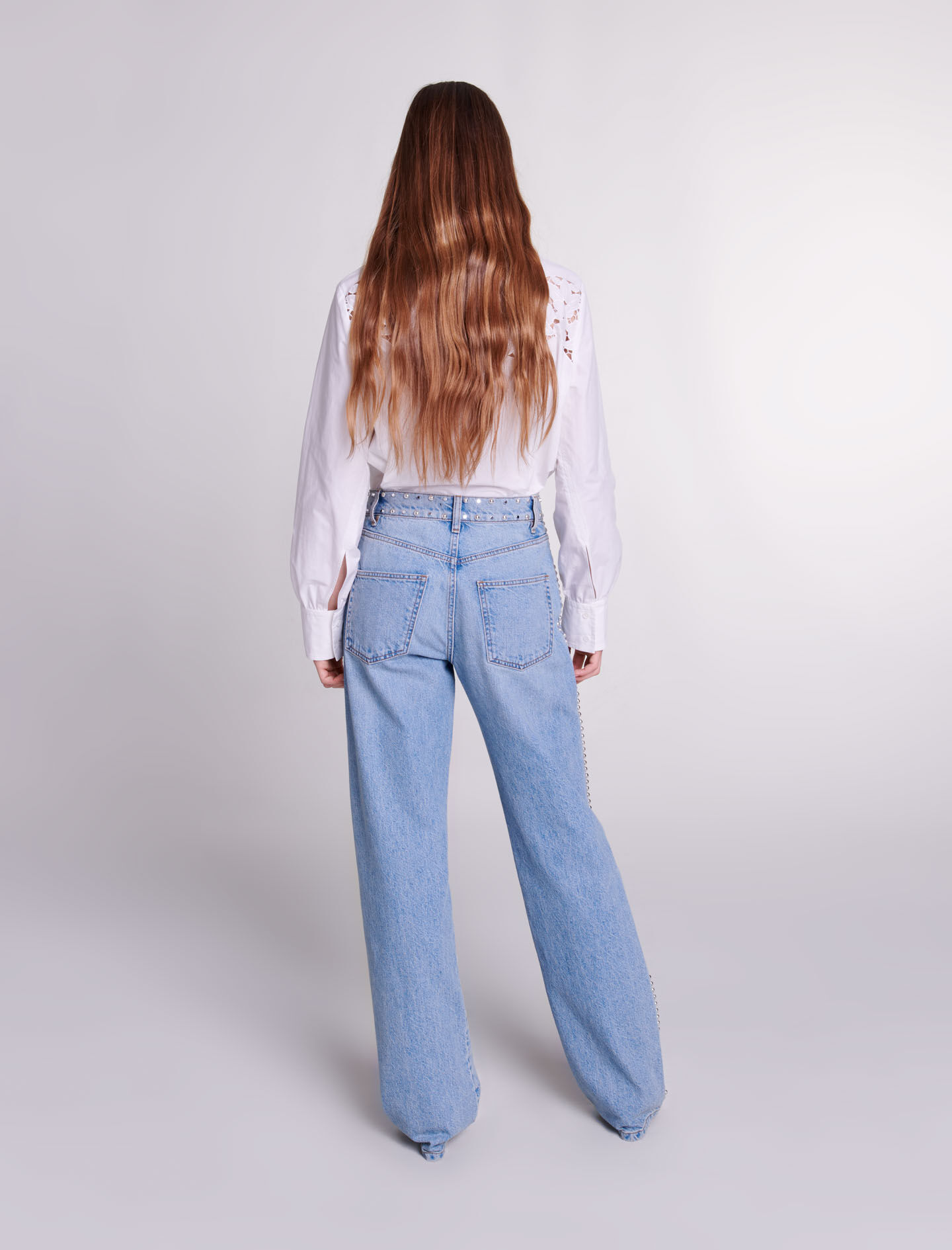 Jeans met wijde pijpen en studs - Blauw