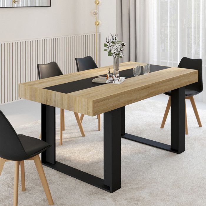 Mesa de comedor rectangular IDMARKET PHOENIX para 6 personas, madera y negro con una franja central negra, 160 cm