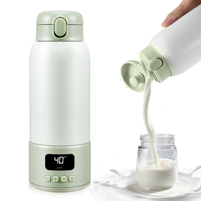 Draagbare babyflesverwarmer van 500 ml, ideaal voor op reis, snoerloos, geschikt voor water en moedermelk, instelbare temperatuur van 37 tot 70 °C.