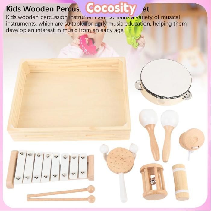 Juego de instrumentos musicales infantiles Cocosity: xilófono, pandereta y juegos de rompecabezas.