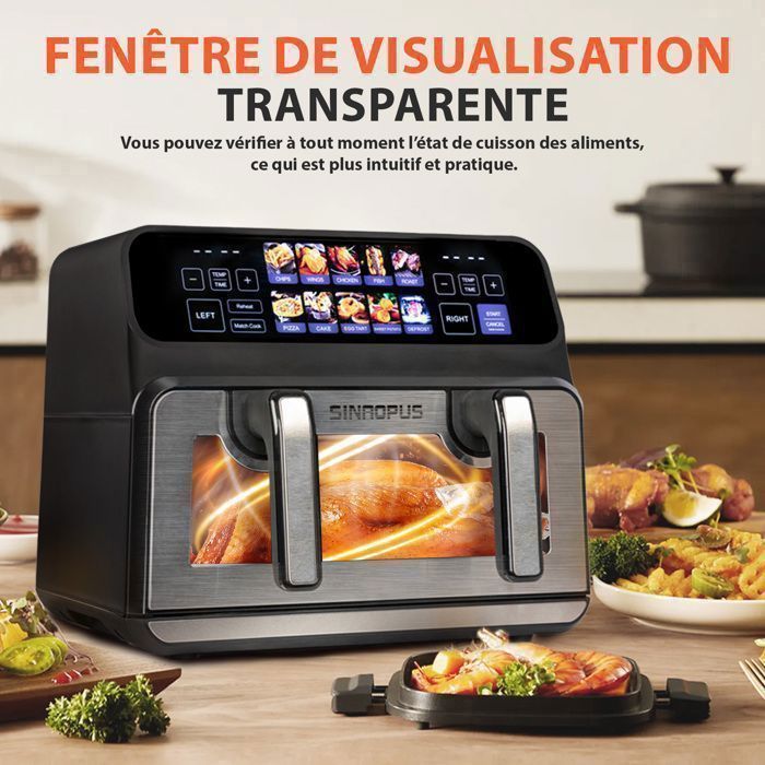 Friteuse sans Huile SIN-802X – Air Fryer Double Cuve 9L avec Séparateur Amovible – Grand Écran Couleur – 10 Programmes – 2200W