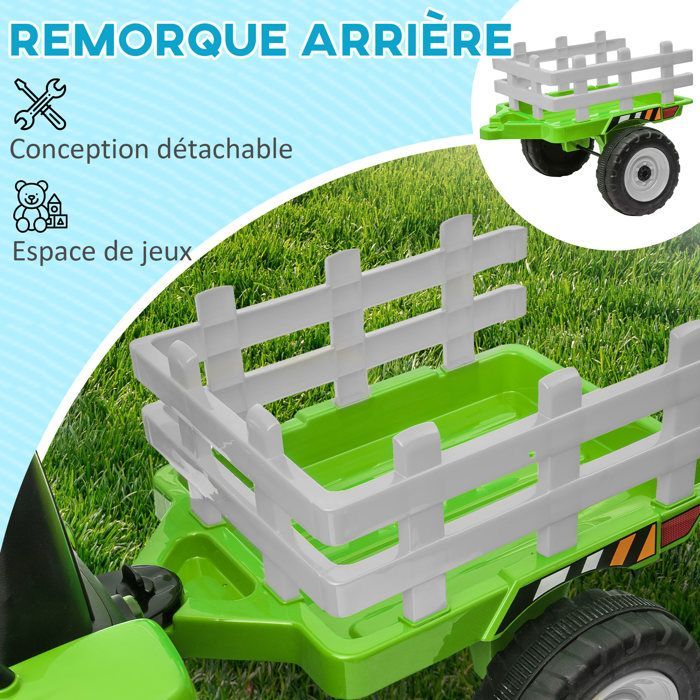 Tracteur électrique - HOMCOM - avec remorque amovible - avec télécommande MP3 musique affichage lumières - enfants 3-6 ans - vert