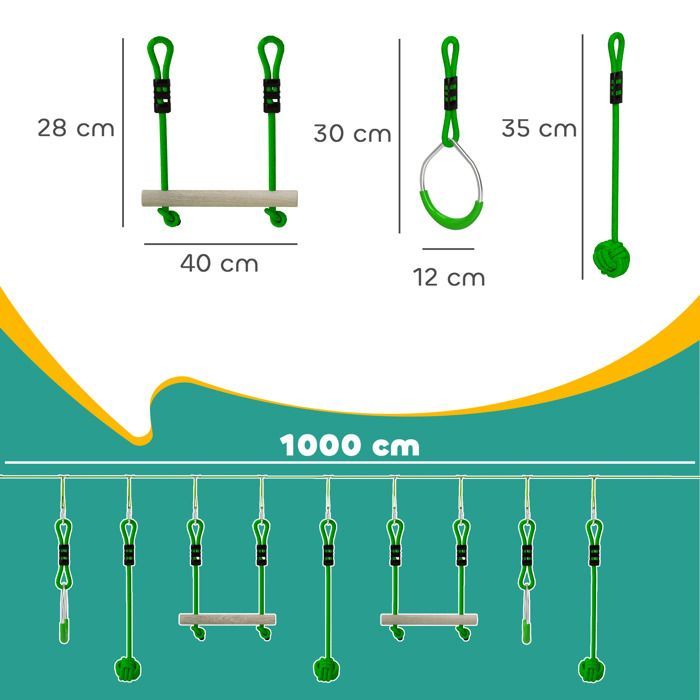 Parcours d'obstacles Ninja pour enfants - AIYAPLAY - 10 M - 7 pièces charge 50 kg - installation facile - vert