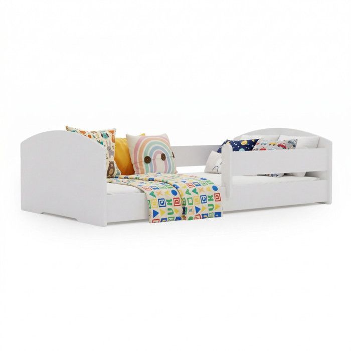 Letto per bambini LEO Montessori 140x70 con sponda di protezione + materasso – Letto basso per bambini, bianco
