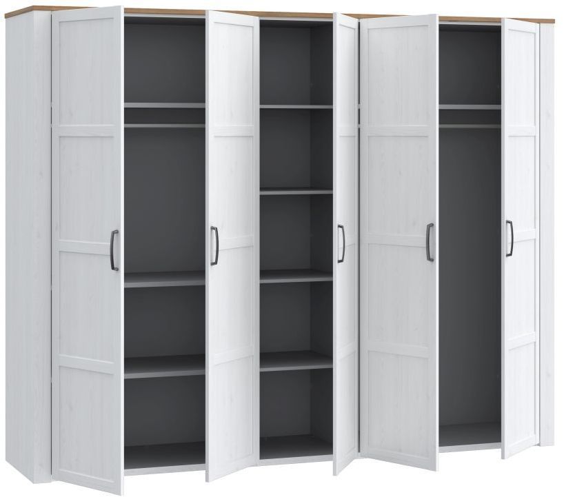 Bedroom wardrobe - BOHOL - Oak and White finish - 5 hinged doors - W265.6 x D59.6 x H214 cm
