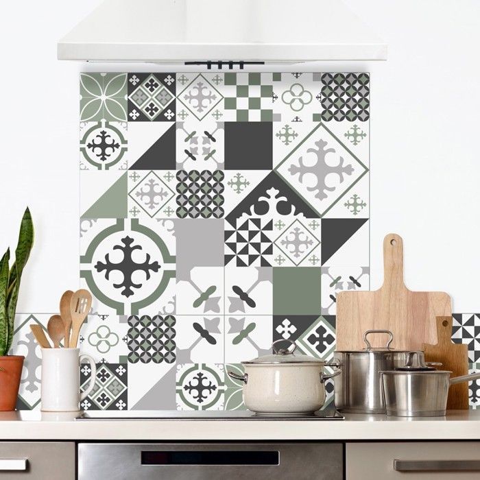 Salpicadero de cocina de aluminio con efecto de azulejo de cemento verde - 200x20 cm (en 2 tiras) - 99 Déco