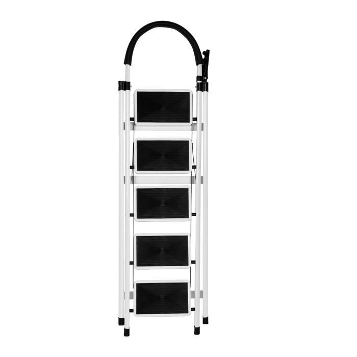 Escalera plegable de acero blanca de 5 peldaños y 152 cm de altura, con asa y plataforma antideslizante, capacidad de carga de 150 kg.