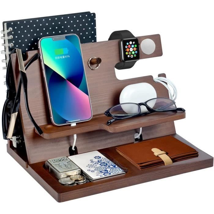 Cadeau Homme Noel Station d'accueil en bois pour Téléphone Tablette Station de Charge Montre Connectee Compatible avec