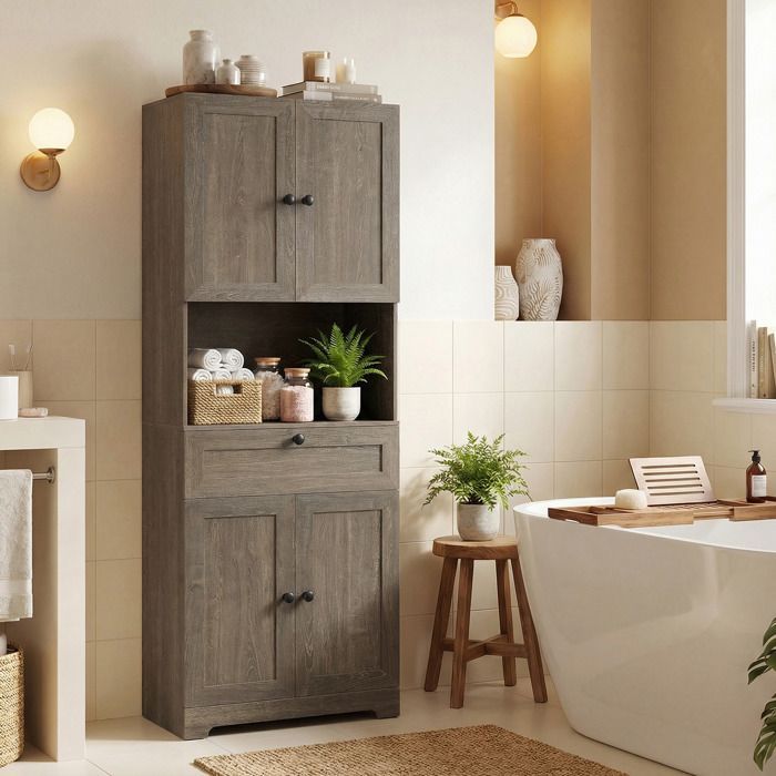 GIANTEX Armoire de Salle de Bain Haute, Étagères Réglables, Meuble Multi-Usage pour Cuisine, Salon, Buanderie, Gris Vieilli