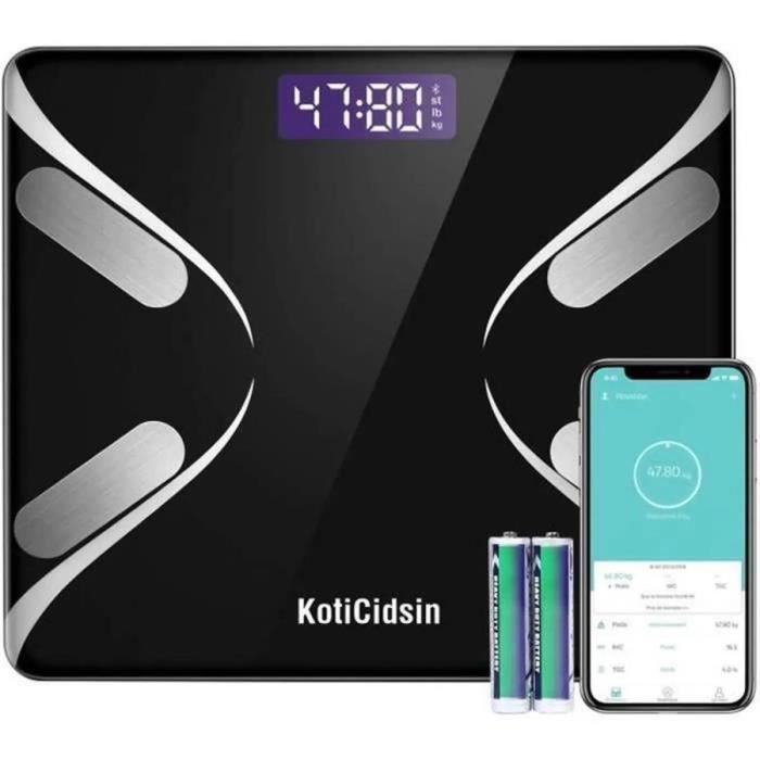 Balanza de composición corporal KotiCidsin, báscula de baño Bluetooth, pantalla LED retroiluminada grande, color negro.
