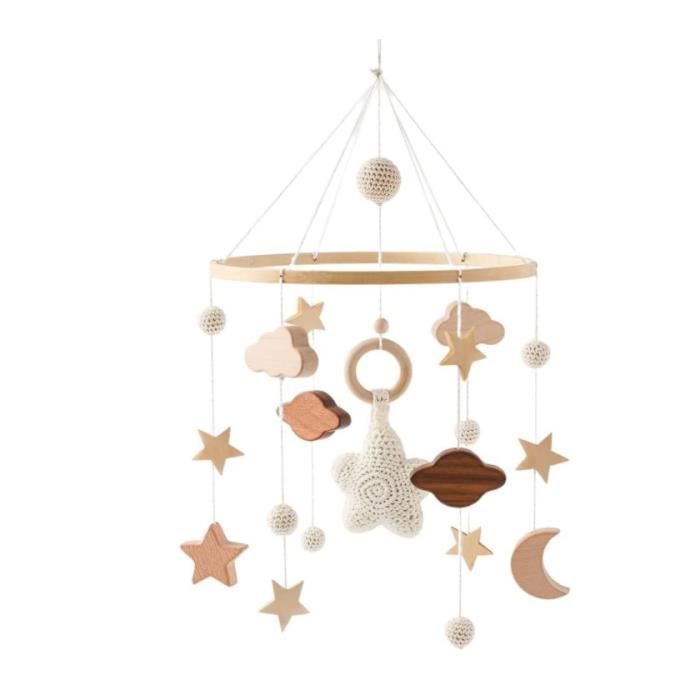 Móvil de madera para bebés con estrellas, luna y nubes para ejercitar la visión y la coordinación mano-ojo.