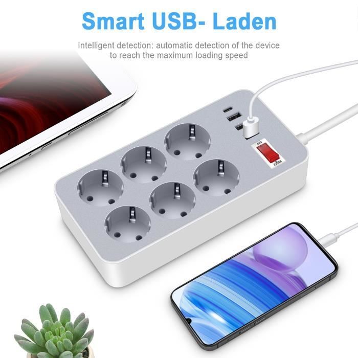 Multiprise Electrique 4000W avec interrupteur 6 Prises et 3 USB+type c, 1.2M Cordon, Multiprise Parafoudre Parasurtenseur