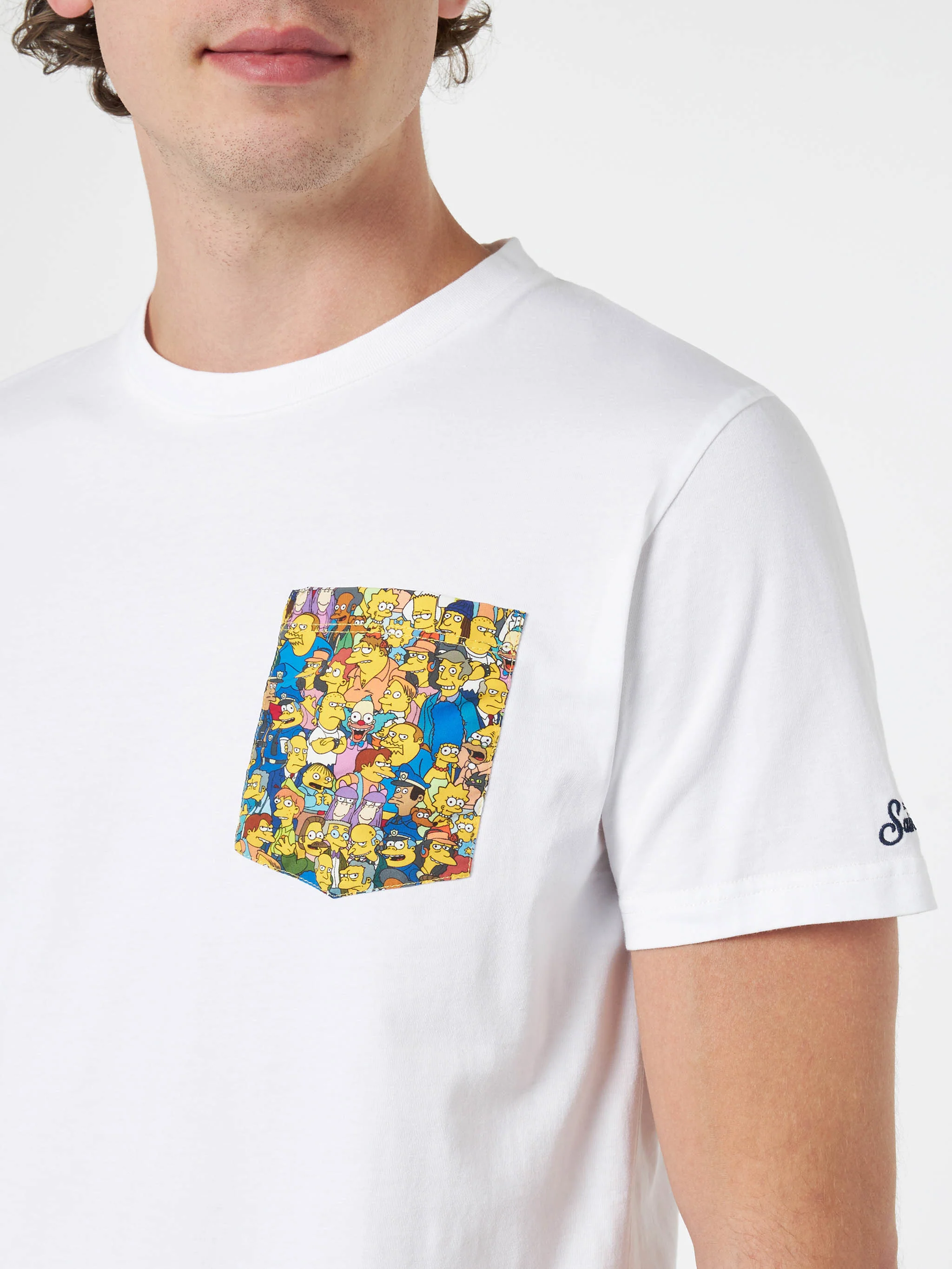 Blanche katoenen T-shirt voor heren met Simpsons-print op de borstzak | EDI