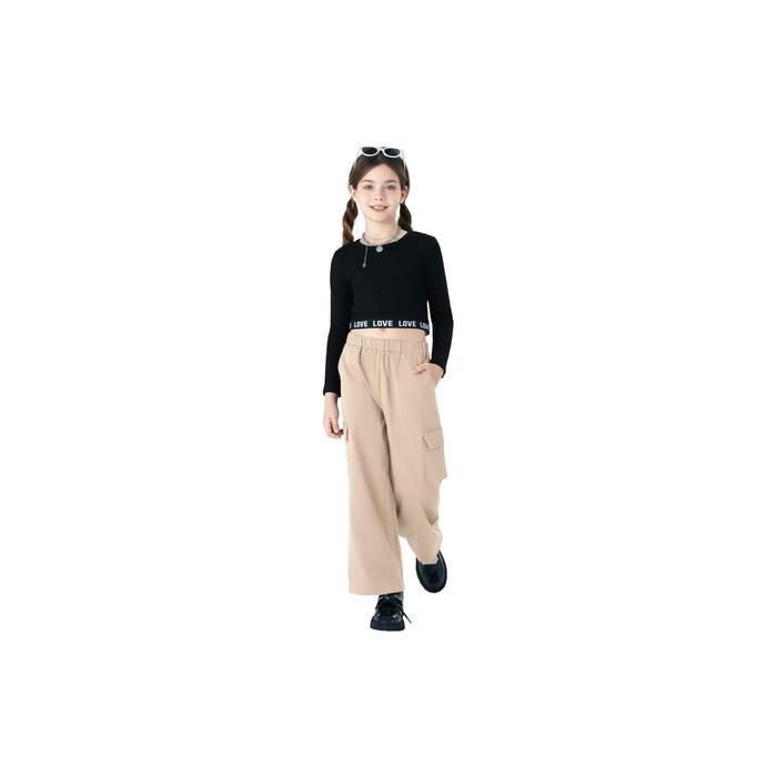 Conjunto de ropa hip-hop para niñas: top corto y pantalones cargo, estilo urbano negro y beige, atuendo para baile urbano, chándal, edades 7-8