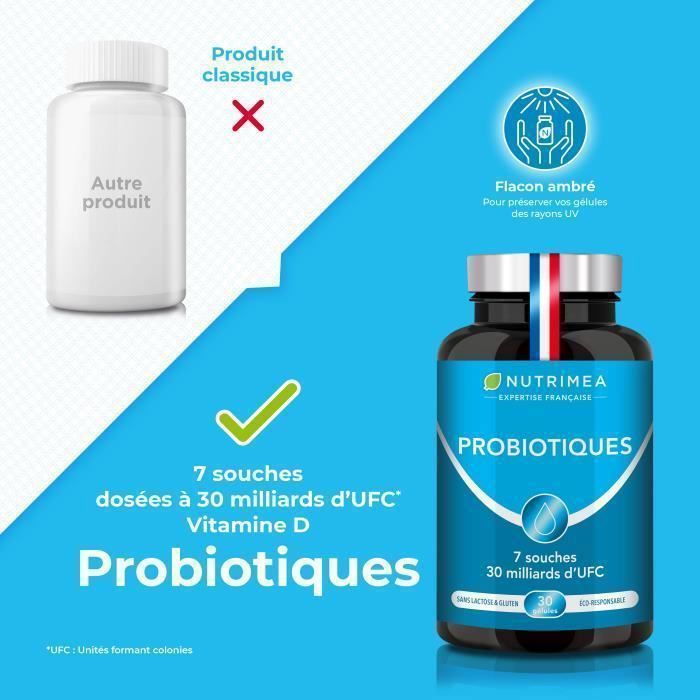 Probiotiques 30 milliards d’UFC/jour - 7 Souches Bio-actives - Vitamine D - 30 gélules