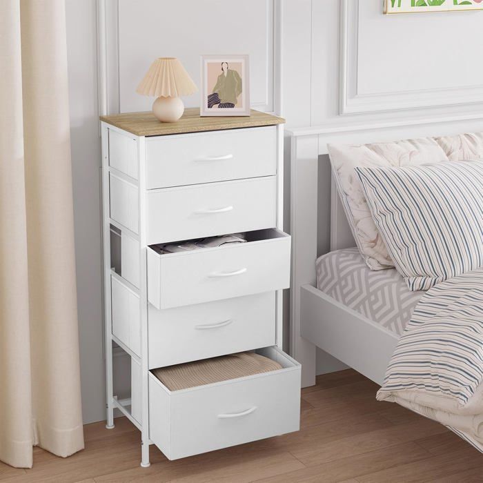 Commode - WOLTU - Opbergkast - 5 stoffen lades - MDF en metaal - Wit W0ITT5009