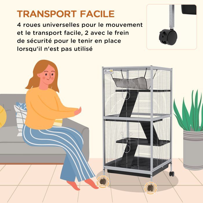 Gabbia portatile a 4 livelli per piccoli animali PawHut, ideale per cincillà, con ruote, 2 porte, 3 rampe, amaca e vassoio rimovibile.