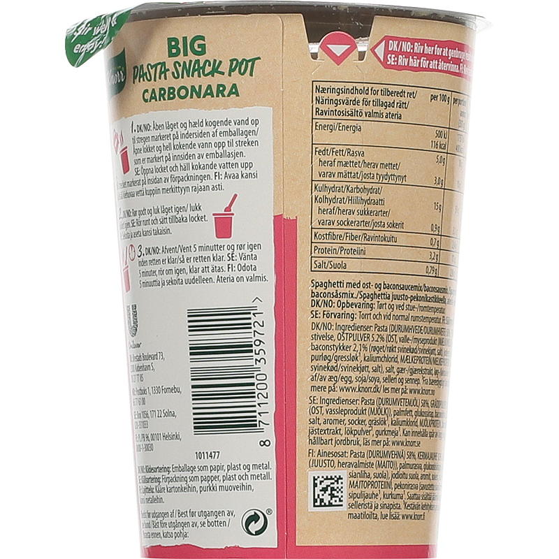 Knorr Carbonara, envase de 92 g de snack Knorr