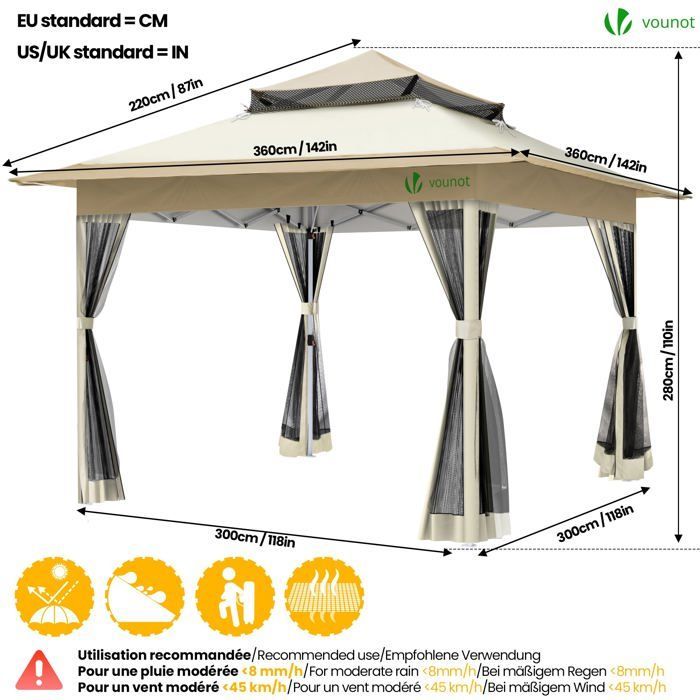 VOUNOT® Tonnelle de jardin 3,6x3,6m pliable installation facile POP UP avec moustiquaire beige