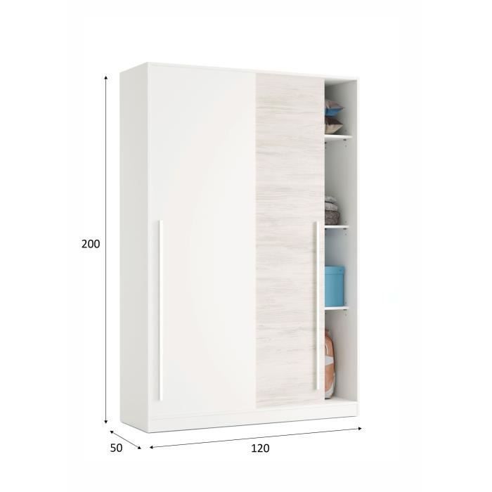 Armoire TOP - Décor blanc artik et chêne nodi - 2 Portes coulissantes - H200 x L121 x P50 cm