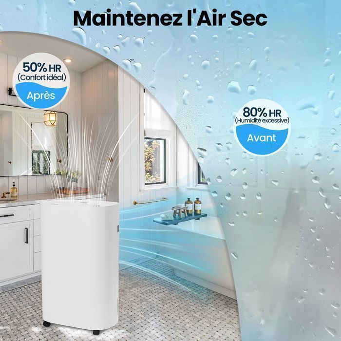 Déshumidificateur d'Air Électrique 30L/Jour - 50m² - 450W - Réservoir 6.5L, Déshumidification/Séchage/Ventilation, Salon/Cave, Blanc