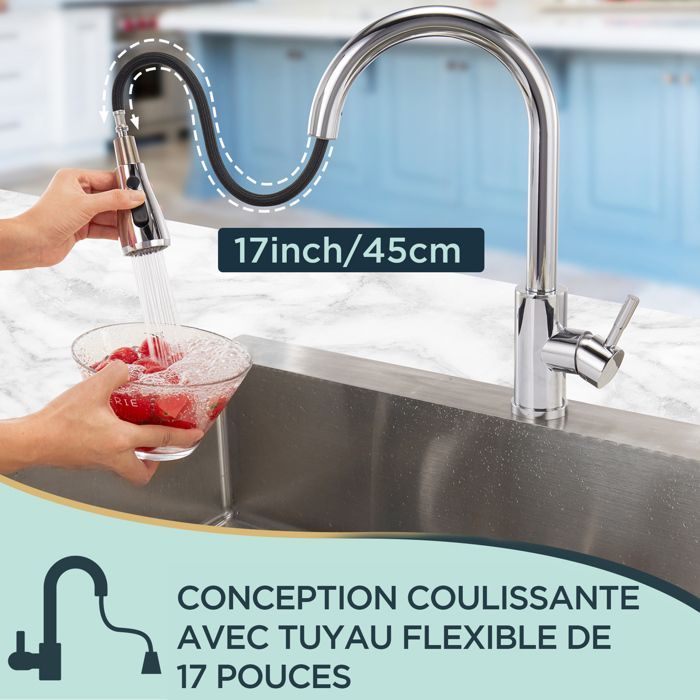 FORIOUS Robinet Cuisine Avec Douchette Extensible, Mitigeur Cuisine Rotatif 360°à Arc Élevé, 3Jets, Acier Inoxydable, Chrome Poli