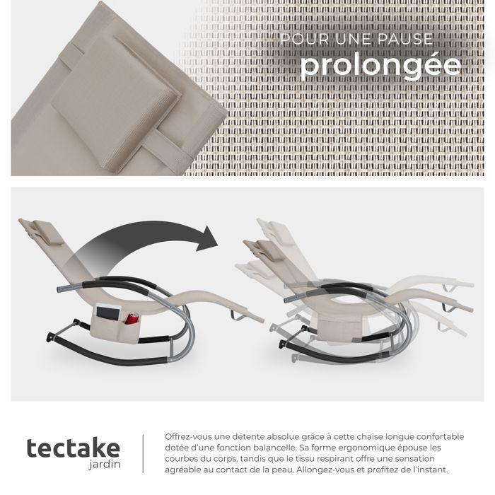 Chaise longue - TECTAKE - TAYA, sedia a sdraio ergonomica da giardino con funzione dondolo e braccioli curvi - Beige