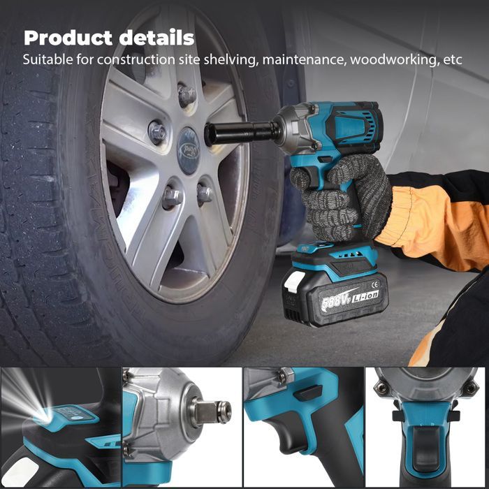 Llave de impacto eléctrica, llave de impacto sin escobillas de 1200 Nm de torque, destornillador eléctrico inalámbrico de 1/2 pulgada + 2 baterías