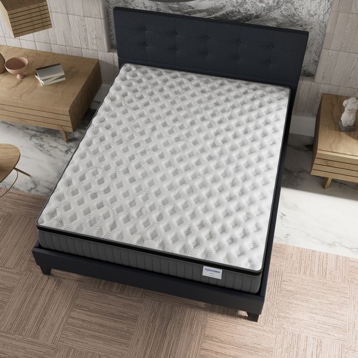 Colchón y cama (140x200cm) - Elekctra 30cm Muelles ensacados y espuma viscoelástica + Base de láminas y cabecero tapizados en negro