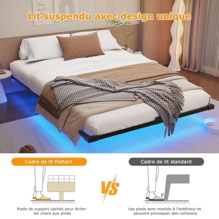 Cadre de Lit 140 x 190 avec Sommier Métal - NHHF - avec LED et USB - 21 CM Sous le lit de Rangement pour Chambre - Lit 2 Personnes