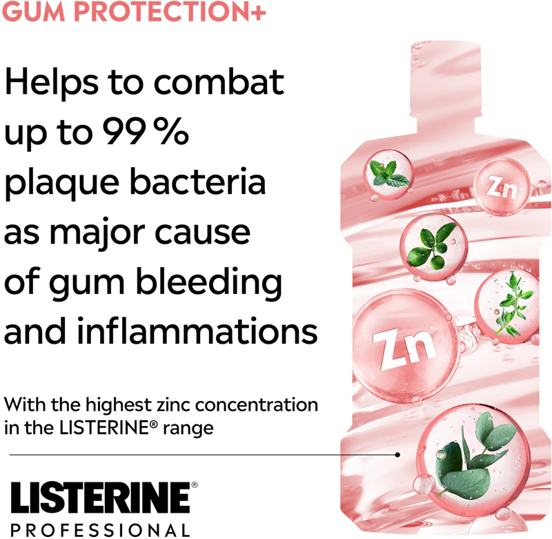 enxaguante bucal Listerine Professional Gum Protection+ protege os dentes e as gengivas.