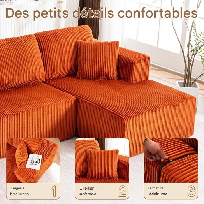 Canapé panoramique d'angle en U,4 places,Canapé modulable,accoudoirs,Velours côtelé,Étui à ressort + mousse haute résilience,Orange