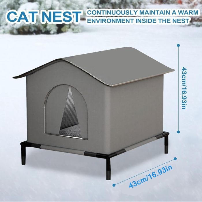 Caseta de exterior para gatos - Refugio exterior con alfombra y suelo elevado, tienda de campaña con aislamiento térmico de invierno para mascotas, color gris.