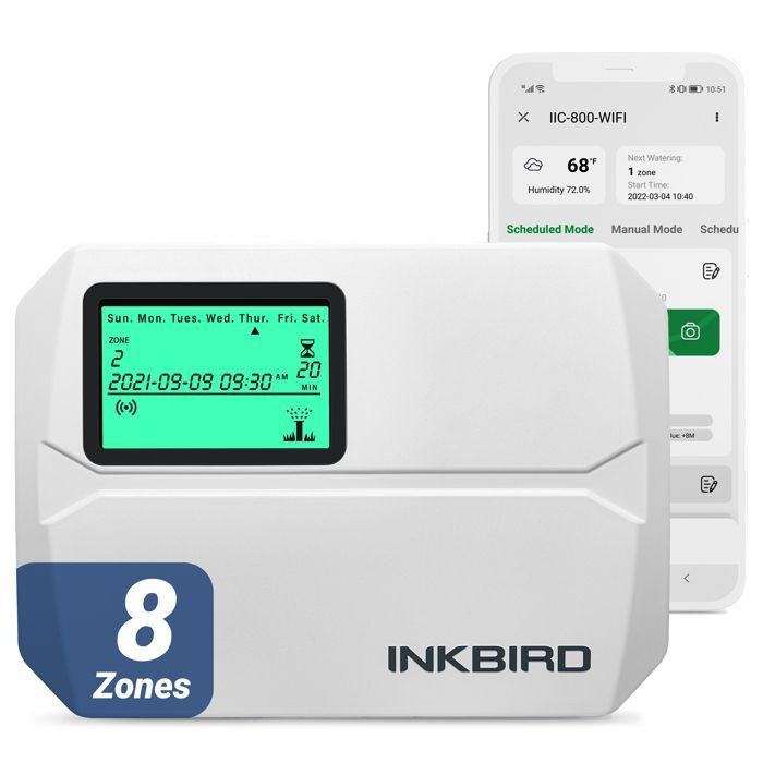Temporizador de riego Wi-Fi INKBIRD IIC-800-WIFI, 8 zonas, automático, control por aplicación, 4 opciones de ciclo de riego, pantalla LCD