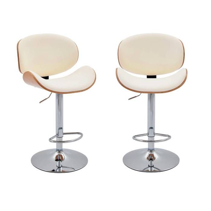 Lot de 2 tabourets de bar réglable décor bois courbé et simili cuir chêne. blanc et pieds chromés - L 53  P 51 x H 95-116cm -